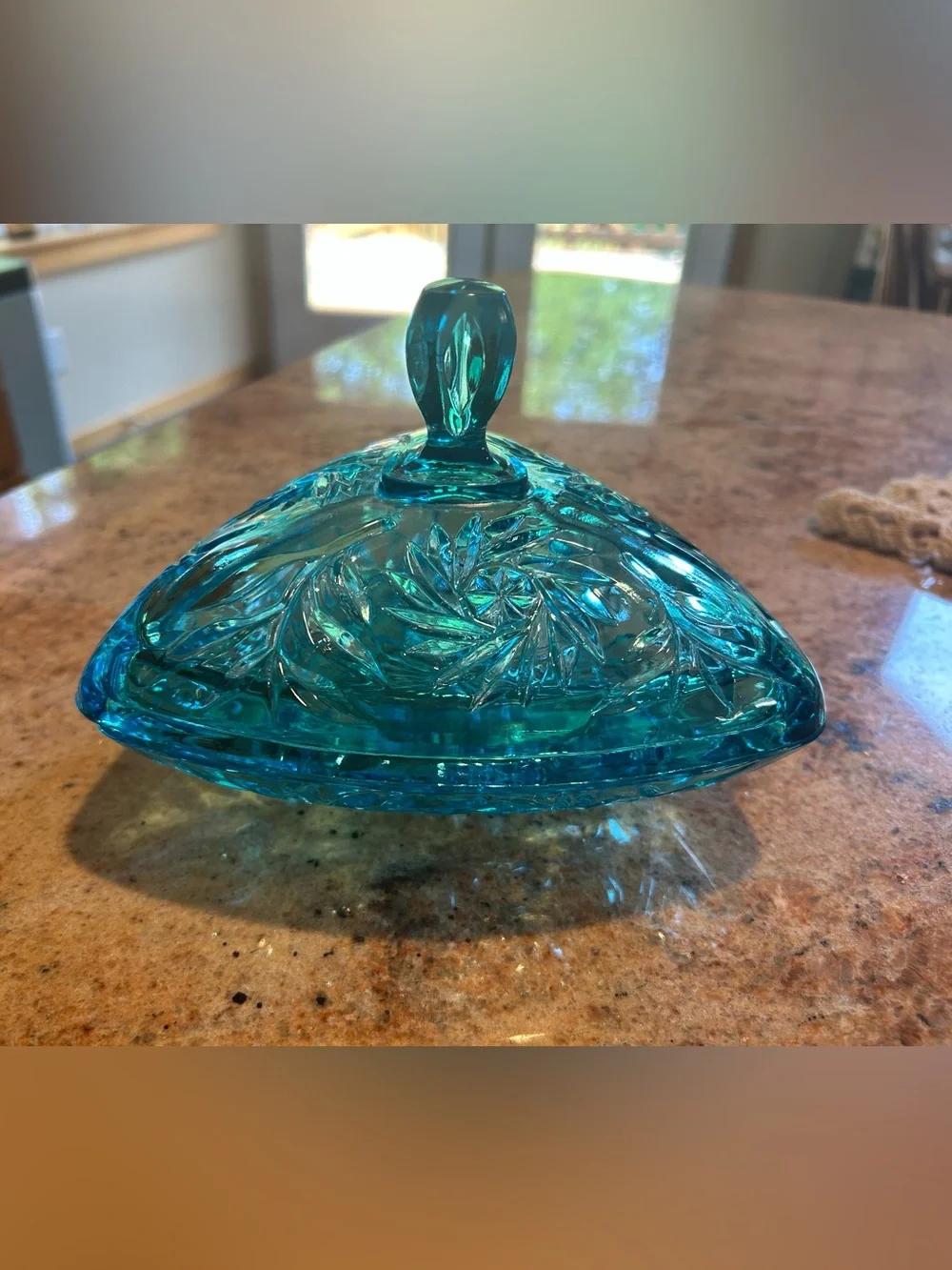 Hazel-Atlas “Capri Blue” Pinwheel Pressed Glass Triangle Covered Dish. MCM 1950